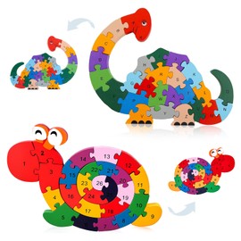 LovesTown Wooden Puzzles for Kids, Double Sided Snail & Dinosaur Jigsaw Set with Alphabet & Numbers, Montessori Educational Toy for Toddlers, Chunky Animal Gift