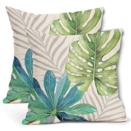 Teal Green Gray Tropical Leaves Pillow Covers 20X20 Inch Monstera Palm Leaf Plants Decorative Cotton Linen Summer Botanical Pillow Cases Set of 2 Farmhouse Home Decor For Sofa Couch Cushion Outdoor