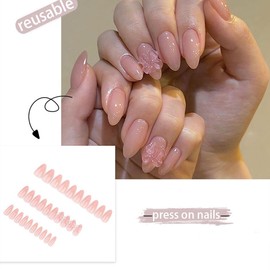 Nude Pink Press on Nails Short Almond Fake Nails Glossy False Nails with 3D Clear Bow Designs Cute Charms Acrylic Stick on Nails Natural Full Cover Glue on Nails Holiday for Women Girls 24Pcs