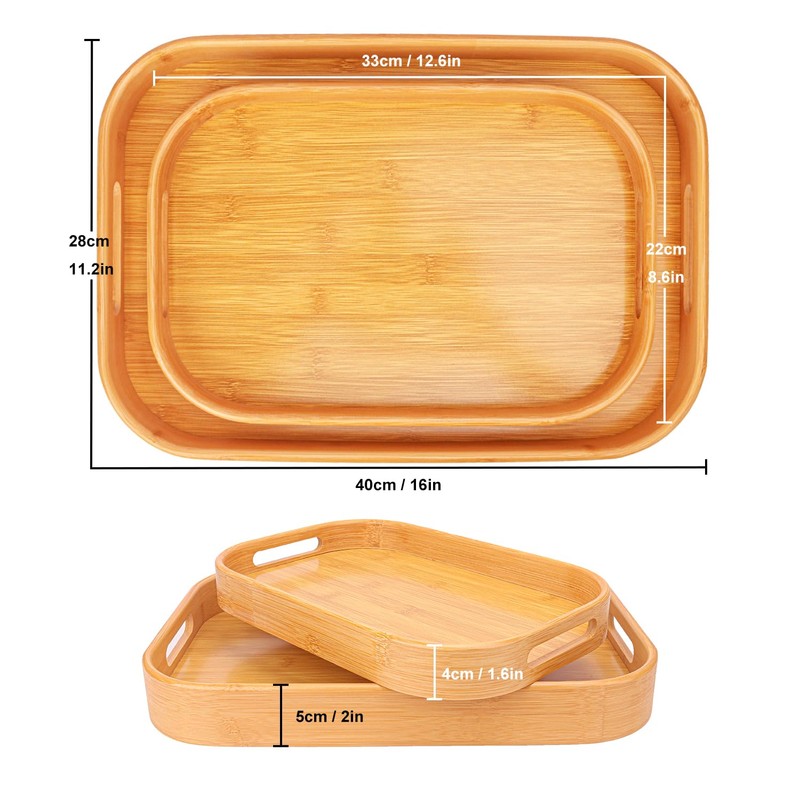 Geytetqi 2 Pack Bamboo Serving Trays with Handles, Rectangular Bamboo