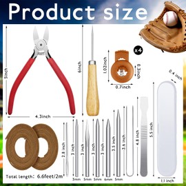 Fabbay 16 Pcs Baseball Glove Lace Kit Glove Relacing Kit 2 Pcs 78.74 Inch Leather Laces 4 Pcs Glove Lace Locks 7 Pcs Lacing Needle Leather Cutter Scratch Awl Tool for Baseball Repair(Brown)