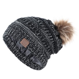 Durio Satin Lined Beanie Pom Pom Satin Lined Winter Hats for Women Warm Beanie Hats for Women Thick Womens Winter Hats Black Gray Mix One Size