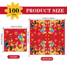 100 Pack Red Rooster Party Napkins 6.5 x 6.5 Inch Cool Chicken Birthday Dinner Disposable Napkins Cocktail Napkins for Rooster Home Kitchen Tableware Wedding Party Supplies Decorations