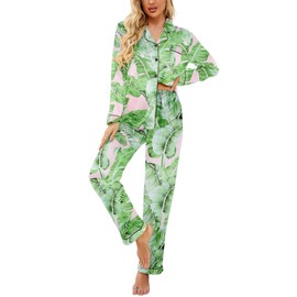 Ekouaer Womens Satin Pajama Set Classic Pattern Silky Pj Sets Button Down Sleepwear Loungewear,XX-Large,Pink palm leaves