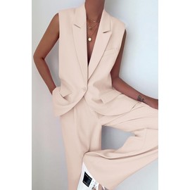 PRETTYGARDEN Womens 2 Piece Blazer Suits V Neck Sleeveless Vest Wide Leg Pants Sets Summer Matching Outfits (Beige,Medium)