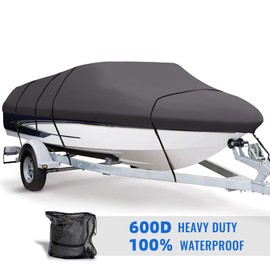 VINPATIO Boat Cover + Support Pole, 600D Solution-Dyed Polyester Heavy Duty Waterproof Marine Grade Trailerable Boat Covers Fits V-Hull Runabout Fishing Boat Bass Boat (17'-19'L, 96" W)