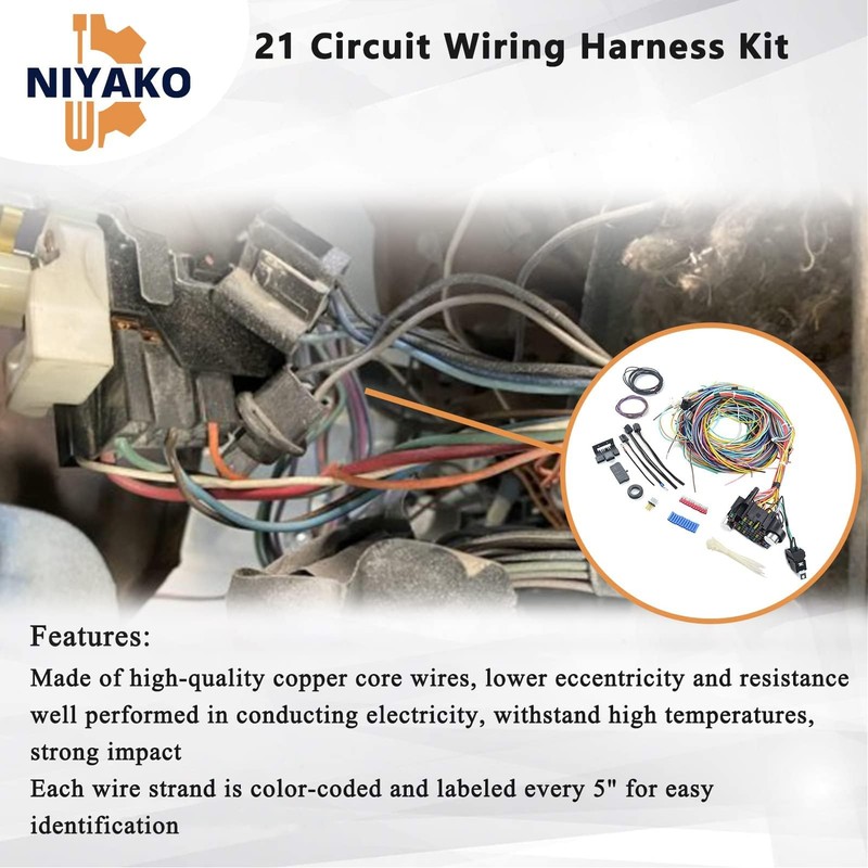 Niyako Universal 21 Circuit Wiring Harness Kit, Extra Long Wire