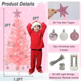3 FT Artificial Christmas Tree, Pink Christmas Tree with 50 Warm Lights, 8 Lighting Modes Remote Control,15 Ball Ornaments Star Tree Topper, Small Xmas Tree for Home Decor