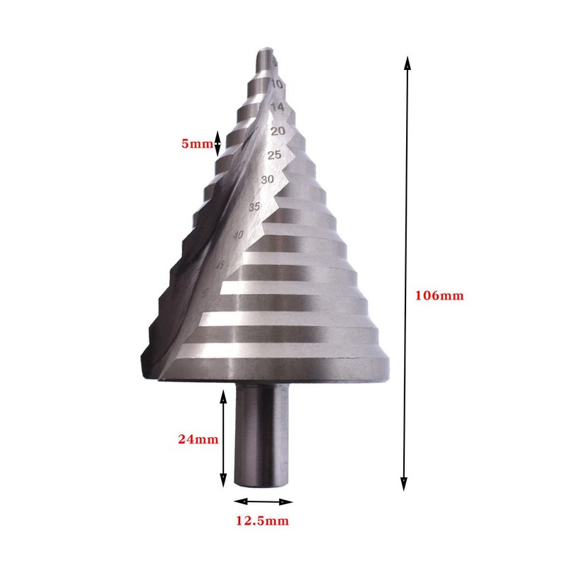 6-60mm Step Drill Bit, 12.5mm/0.5” Shank 4241 HSS Spiral Groove