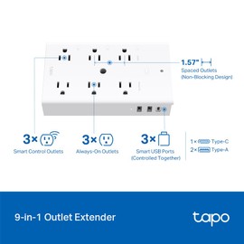Tapo TP-Link Tapo Smart Plug Outlet Extender, Surge Protector, 18W Fast Charging, 3 Individual Smart Outlets, 1x USB-C & 2X USB-A, Smart Night Light, Works w/Apple HomeKit, Alexa & Google Home, Tapo P306