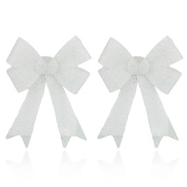 AKH® 6.5" x 6" Sparkling Christmas Glitter Tinsel Bows | Pack of 2 Xmas Bows | Tinsel Effect Christmas Bow Luxury Hanging Indoor Outdoor Christmas Tree Decoration Bows | Twist Tie On (White)