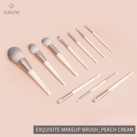 Solone Exquisite Makeup Brush Set (10pcs), Peach Pink Synthetic Wood Handle Vegan Cruelty Free, Powder, Contour, Blush, Eyeshadow, Blending, Pencil, Detail, Accent Dual-Ended Concealer Brush