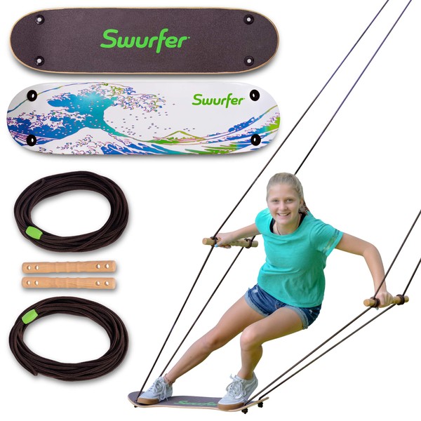 Swurfer TreeSkate Skateboard Swing, Outdoor Stand Up Surf Swing, Holds Up to 200 lbs, Ages 6 and Up, Adjustable Handles, Grip Tape, Kids Outdoor Play Equipment for Children and Adults (Waves) Blue