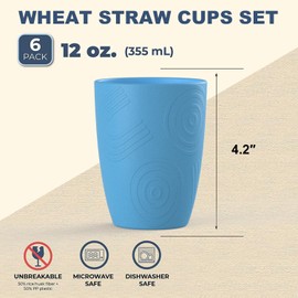 Wrova unbreakable wheat straw cups 12oz set of 6 with textured pattern anti slipping,alternative plastic drinkings cups suitable for hot and cold beverage,Yellow-Orange-Blue