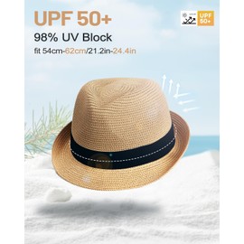 Zylioo S/M/L/XL/XXL Trilby Fedora Straw Hat for Large Head, Straw Sun Hat Men with Roll Up Brim, UV Protection, Summer Hat, Beach Hat, Cuban Khaki Blue, XL