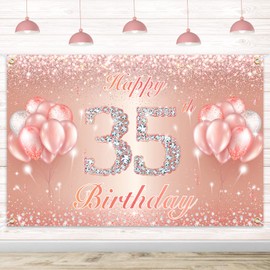 Happy 35th Birthday Banner Backdrop - 35 Birthday Party Decorations Supplies for Women or Men - Rose Gold 4 x 6ft