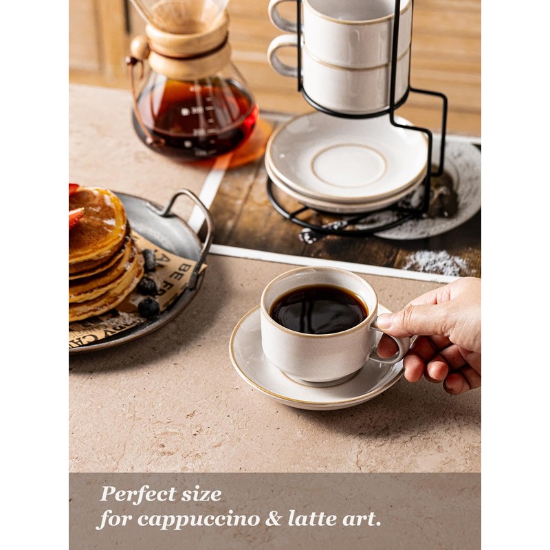 Gomakren 6 Ounce Cappuccino Cups with Saucers and Metal Stand,