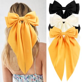 VELSCRUN Velscrun Hair Accessories: 3Pcs Satin Hair Bows for Women and Girls - White, Black, Yellow Oversized Hair Bows with Long Tails and Clips, Perfect Gifts