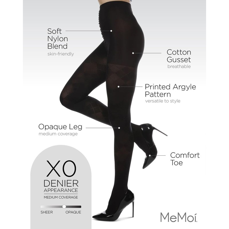 MeMoi Classic Soft Argyle Opaque Tights Black S-M