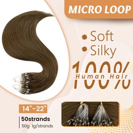 RUNATURE Brown Micro Ring Hair Extensions Real Human Hair Micro Beads Remy Hair Extensions Brown Cold Fusion Micro Loop Extensions Real Hair Brown Human Hair Extensions 50g/50s 16 Inch