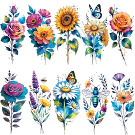Tazimi 12 Sheets 3D Large Watercolor Flower Temporary Tattoos For Women Girls Watercolor Roses Flower Daisies Butterflies Tattoos Realistic Long Lasting Half Arm Leg Fake Tattoo Stickers