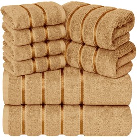 YRALY Luxury Towels for Bathroom Set of 8-2 Bath Towels 2 Hand Towels 4 Washcloths - 600 GSM 100% Cotton Ring Spun Viscose Border Towels Set - Beige