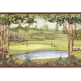 Blonder Golf-Themed Wallpaper Border, Neutral with Green and Blue Accents, 6.875 Inches Wide by 15 Feet Long
