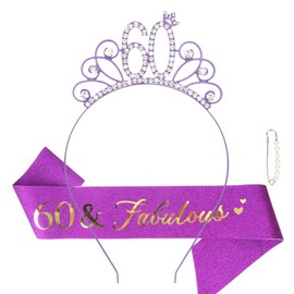 Casoty Purple 60th Birthday Sash and Tiara for Women, 60th Birthday Decorations for Women, 60 & Fabulous Sash and Crown Set, Happy 60th Birthday Decorations, 60th Birthday Supplies for Women