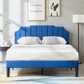 VECELO Full Size Upholstered Platform Bed Frame with Tufted Adjustable Headboard/Mattress Foundation/Wood Slat Support,Easy Assembly,Navy Blue