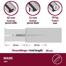1 x Pair of Runners for Drawers – Smooth and Precise Drawers Made of Steel – Full Extension, Various Sizes