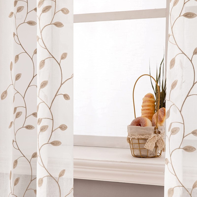 MIULEE 2 Panels Brown Leaves Embroidered Sheer Window Curtains Beautiful