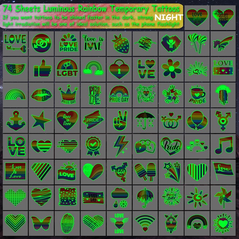 CHARLENT Glow in The Dark Rainbow Temporary Tattoos - 74