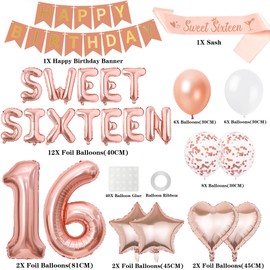 16th Birthday Decorations Sweet Sixteen - Rose Gold Happy Birthday Banner Number Letter Foil Balloons, Sash for 16 Years Old Girls Party Decoration Supplies