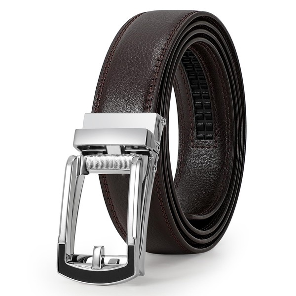 LEACOOLKEY Men's leather belt with slide Automatic leather belt ratchet