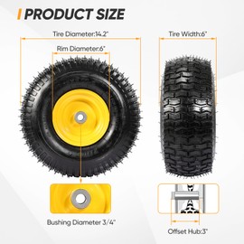 15x6.00-6 Lawn Mower Tires, 4 Ply Tubeless 15x6-6 Front Tire Assembly Replacement for Craftsman John Deere Cub Cadet Riding Mowers, 500lbs Capacity, 3" Offset Hub, 3/4" Bushing, 2 Pack