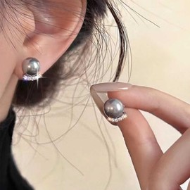 Aneneiceera Vintage Crystal Grey Pearl Earrings Arc Crystal Pearl Earrings Grey Pearl Cz Stud Earrings Small Round Grey Bead Earrings Jewelry for Women and Girls