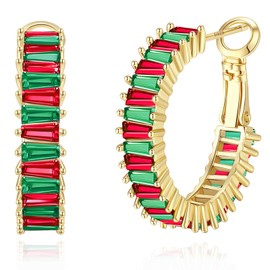 GLOQUAT Red and Green Christmas Hoop Earrings 14K Gold Plated Red and Gold Hoops for Women 925 Silver Post Vintage Colorful Christmas CZ Gold Round Circle Hoops for Women Trendy Jewelry 25mm