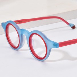 HEPIDEM Multicolor Acetate Glasses Frame Men,Round Vintage Retro Double Circle Optical Eyeglasses 9267 (9267 Matte Blue Red, Clear)