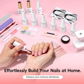 PEACECOLOR Builder Nail Gel Kit, 6 Colors Clear Pink White Builder Nail Gel with Nail Lamp & Cat Eye Gel Base Top Coat, Nail Decoration Chrome Nail Powder Sticker, Nail Extension DIY at Home