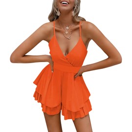 Fixmatti Women Dressy Rompers Spaghetti Straps Backless Boho Swing Chiffon Jumpsuits Orange M