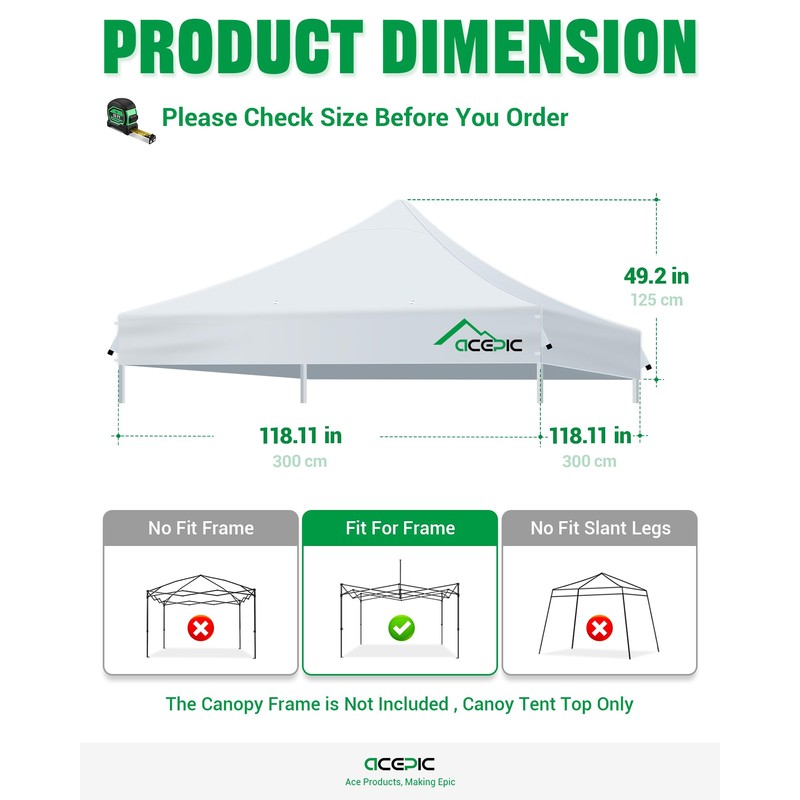 Acepic Heavy Duty 10x10 Peak Pole Canopy Replacement Top Cover