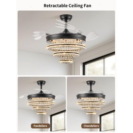 Fandelier Ceiling Fan with Light Modern Ceiling Fans with LED Lights, DC Quiet Motor, Remote/App Control, Reversible Flush Mount Chandelier Fan for Bedroom, Low Profile Lighting & Ceiling Fans, Black