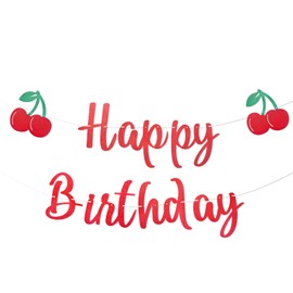 Cherry Birthday Banner – Pre-Strung Red Glitter Happy Birthday Garland with Cherry Accents for Girls' Birthday Party, Fruit Theme Celebration, Summer Picnic, and Baby Shower Decoration