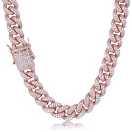 TRIPOD JEWELRY Hip Hop 12mm 10mm Real White Gold or 18K Gold Plated Iced Out Miami Cuban Link Chain Necklace Diamond CZ Cuban link Choker for Men Women(Rose Gold - 12MM, 18.00)