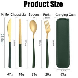 Fleymu Camping Cutlery and Travel Cutlery, 4 Pieces Portable Stainless Steel Cutlery Set, Reusable Camping Cutlery with Organiser and Drawstring Bag for Office, School and Travel. (Gold Green)