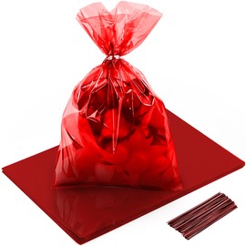 QOIUSO Red Clear Cellophane Bags 8x11 Inch: 50 Pack Clear Plastic Party Favor Bags with Ties for Goodie Candy Treat Cookies Snacks and Gift Wrapping