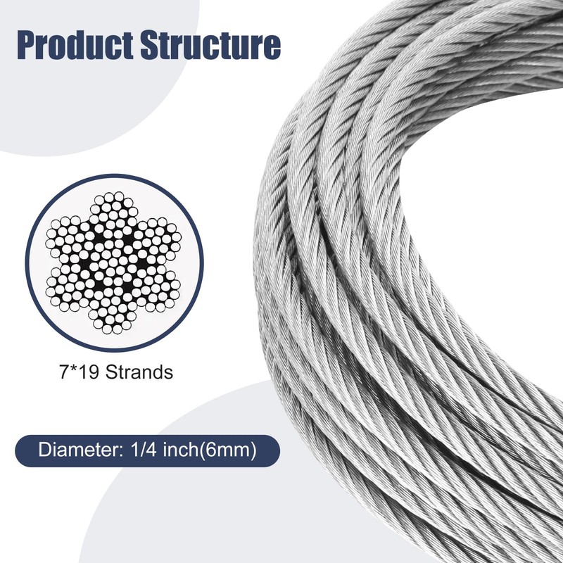 Thickened 1/4 Stainless Steel Cable, 25ft Wire Rope, 7X19 Strands
