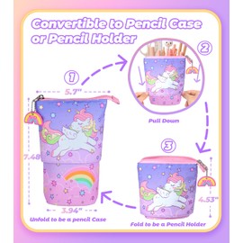 JMHACHY Standing Pencil Case for Kids - Back to School Stuff, Cute Unicorn Telescopic Zipper Pencil Case Aesthetic, Large Capacity Stand up Pen Bag, Portable Pen Holder, Study Supplies for Students