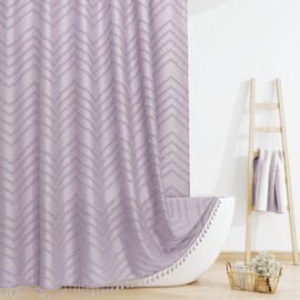 Craidlela Boho Farmhouse Woven Fabric Shower Curtain, Lavender Tufted Chevron Stripes Textured Minimalist Design with Tassels, Purple Bathroom Decor Curtain for Home or Hotel, 72 x 72