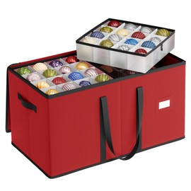 SONGMICS Large Christmas Ornament Storage Box, Dual Zippers, Stackable Christmas Storage Container with Lid, 8 Trays, 600D Oxford, 3-Inch 128 Slots, Cherry Red URFB035R01